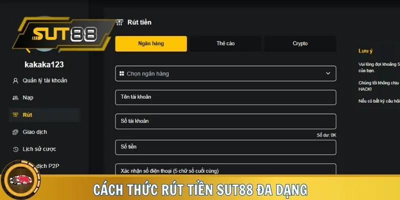 Cách rút tiền SUT88 phổ biến và linh hoạt